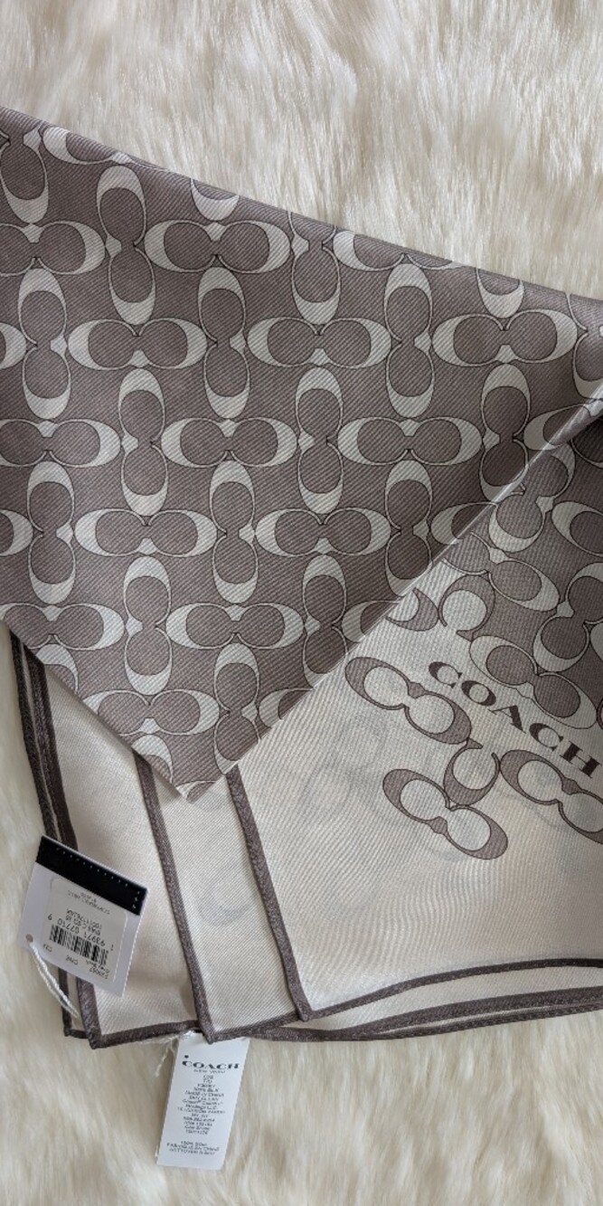 New! COACH Bias Signature Silk Scarf Square Logo Print Grey Birch F30067